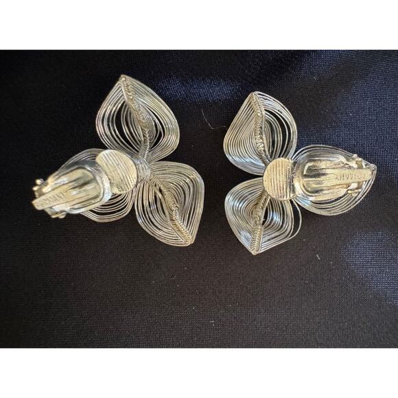 Vintage Spun Wire Jewelry Set Brooch Earrings Germany Pearl Flower Leaf MCM - Picture 3 of 7